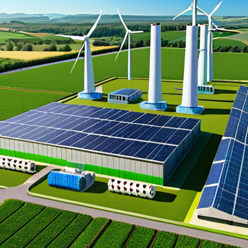 Home 6 Renewable Energy Hybrid Plant**
Prompt: A futuristic hybrid power plant combining solar panels and wind turbines, surrounded by lush green fields, under a clear blue sky. Energy storage batteries are visible in the foreground.
**