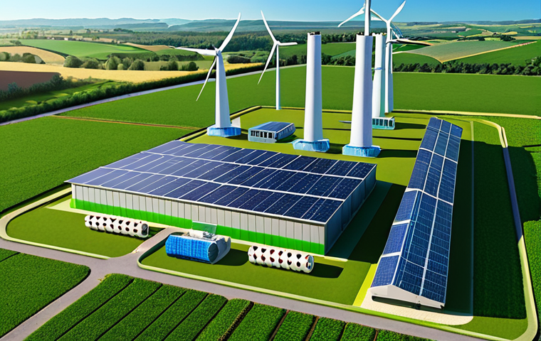 Renewable Energy Hybrid Plant**
Prompt: A futuristic hybrid power plant combining solar panels and wind turbines, surrounded by lush green fields, under a clear blue sky. Energy storage batteries are visible in the foreground.
**