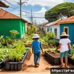 Home 15 지속가능발전 이론과 실무 - A vibrant community garden scene in a Brazilian neighborhood, featuring diverse people of all ages p...