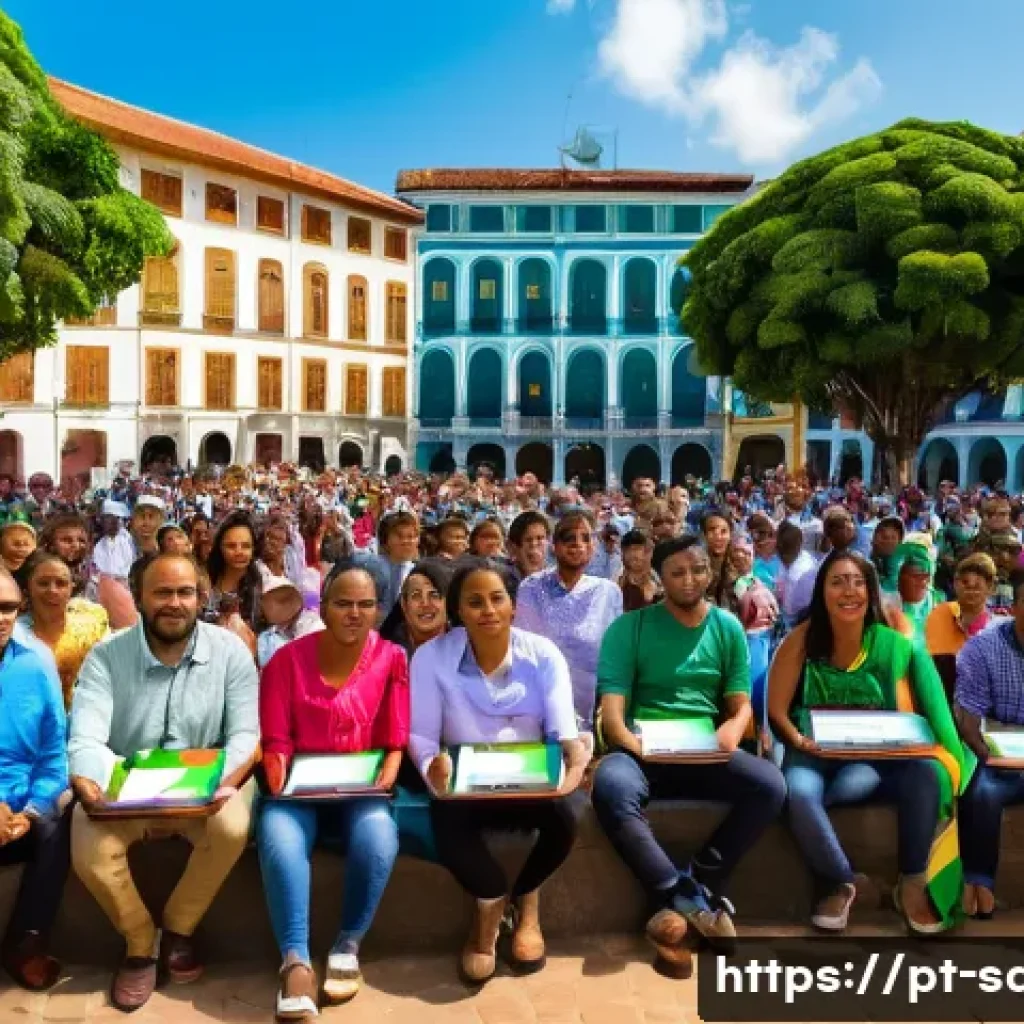 지속가능발전 프로젝트 관리 - A vibrant community meeting in a sunny Brazilian town square, featuring diverse local residents and ...