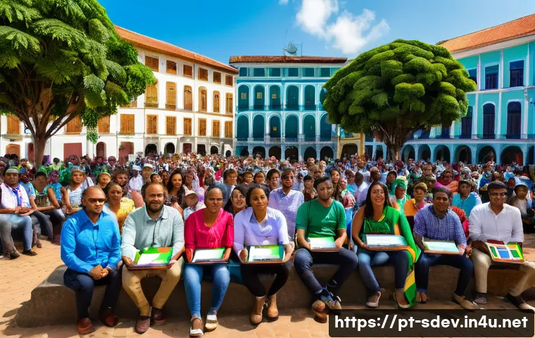 지속가능발전 프로젝트 관리 - A vibrant community meeting in a sunny Brazilian town square, featuring diverse local residents and ...