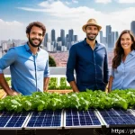 Home 23 지속가능발전 전문가의 기업과의 협력 모델 - A vibrant urban rooftop garden scene in São Paulo, Brazil, featuring a diverse group of professional...