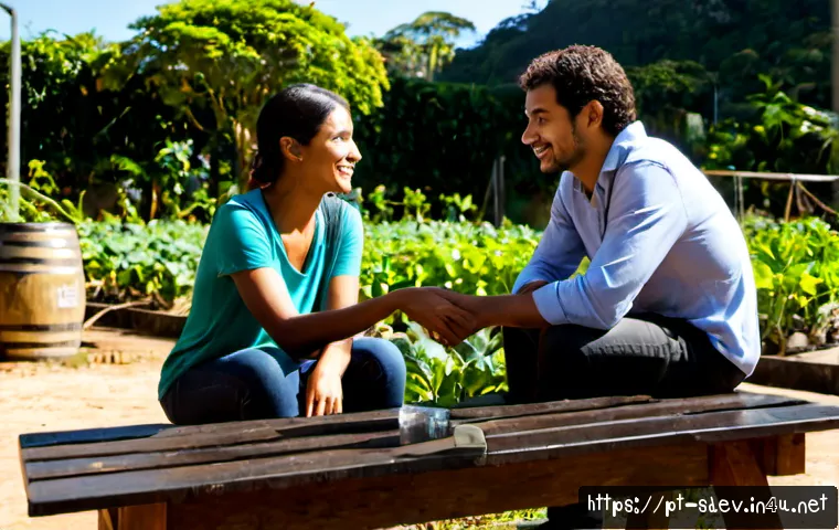 Home 17 지속가능발전 전문가 인터뷰 - Photorealistic editorial interview scene in a sunlit Brazilian urban community garden, a sustainable...
