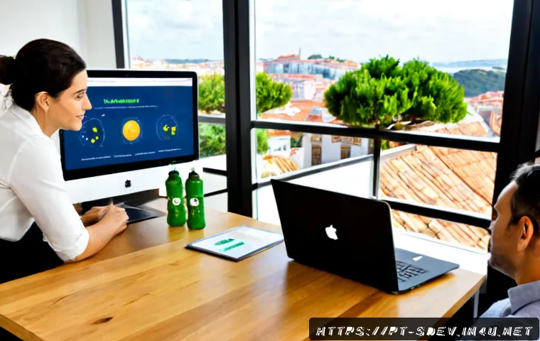 Home 17 지속가능발전 전문가의 업무 성과 향상 방법 - Photorealistic sustainable development consultant in a bright Lisbon office, reviewing a clear envir...