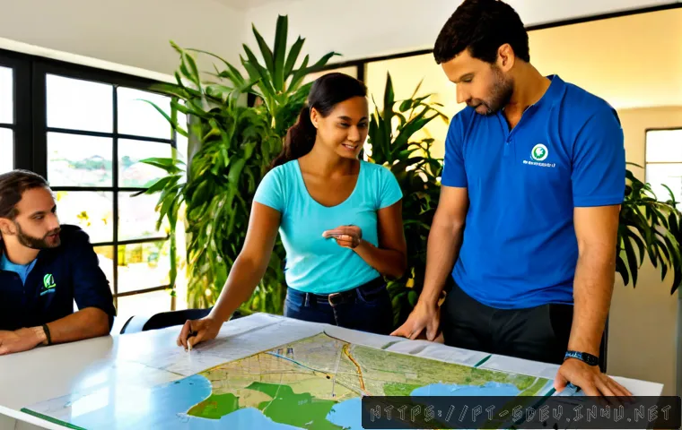 Home 17 지속가능발전 업무 중 발생하는 문제 해결 - Photorealistic sustainability project team in a bright Brazilian municipal office, diverse professio...